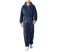 Eauptffy Jumpsuit Men's Winter Warm Jumpsuit Fluffy Pyjamas Teddy Fleece Onesie Pyjamas Cuddly Soft Long Leisure Suit with Hood Plain Plush Sleepwear, O dark blue., XXL
