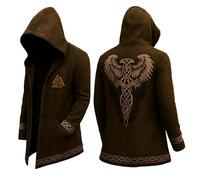 Eauptffy Nordic Myth for Men Medium Length Cardigan with Hood 3D Printed Cool Coat Biker Jacket Spring Sweatshirt Medieval Men's Jacket Viking Hooded Jacket, S Brown, S