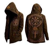 Eauptffy Nordic Myth for Men Medium Length Cardigan with Hood 3D Printed Cool Coat Biker Jacket Spring Sweatshirt Medieval Men's Jacket Viking Hooded Jacket, Q Brown, XXL