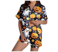 Eauptffy Pyjamas for Women, Pyjamas Women, Pjs Short Two-Piece Sleepwear Turnup with Buttons Homewear Casual Comfortable Short Sleeve Sleepshirt and Pyjama Bottoms Bathrobe Print Halloween