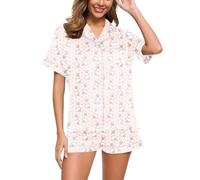 Eauptffy Pyjamas for Women, Women's Pyjamas, Short Pyjamas, Two-Piece Sleepwear, Lapel with Button, Nightwear, Lightweight, Casual, Short Sleeve T-Shirt and Pyjama Bottoms, Negligee, Printed Halloween