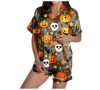 Eauptffy Pyjamas Girls, Women's Pyjamas Short, Pyjama Set Two Piece Short Sleepwear Turn-Down Collar with Button Nightwear Cuddly Casual Short Sleeve Nightdress and Short Bathrobe Print Halloween