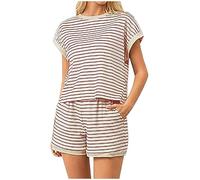 Eauptffy Short Pyjamas Women's Summer Pyjamas Women's Short Pjs Shorty Two Piece Sleepwear Crew Neck Sleepwear Casual Lightweight Short Sleeve Top and Shorts Sleepsuit Striped Summer