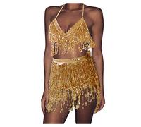 Eauptffy Women's Belly Dance Costume 2-Piece Set Glitter Shiny Festival Night Club Costume Dance Outfits Two Piece Sexy Tassel Sequins Bra Top + Hip Scarf Skirt Dance Wear, O Gold., One size