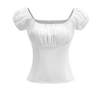 Eauptffy Women's Elegant Vintage Top Short Sleeve Square Collar Off Shoulder Tops 1950s Vintage Renaissance T-Shirt Medieval Casual Shirt Summer Retro Peasant Blouse Rockabilly Shirts, O White, S