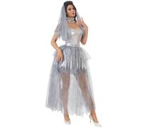 Eauptffy Women's Ghostly Bride Costume for Adults Ghost Bride Costume for Halloween Horror Zombie Bride Outfit Grey Ghost Bride Scary Demons Clothing Carnival Cosplay Dress