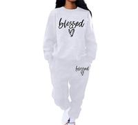 Eauptffy Women's Jogging Suit Set, Tracksuit Women's Set, Two-Piece Leisure Suit Without Hood Jumper and Jogging Bottoms, Round Neck, Thick Sports Suit, Print, Streatwear, Activewear, White, Small