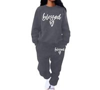 Eauptffy Women's Jogging Suit Set, Training Suit Women's Set, Two-Piece Leisure Suit Without Hood Sweatshirt And Jogging Pants Round Neck Thick Sports Suit Print Streetwear Activewear, gray, X-Large