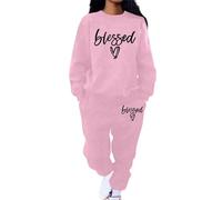 Eauptffy Women's Jogging Suit Set, Training Suit Women's Set, Two-Piece Leisure Suit Without Hood Sweatshirt And Jogging Pants Round Neck Thick Sports Suit Print Streetwear Activewear, pink, X-Large