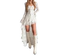 Eauptffy Women's Lace Long Sleeve Square Neck Ruffle Irregular Dress Front Short Back Long Dresses Elegant Evening Dress Boho Beach Dress Sexy Wrap Dress, O White, S