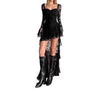 Eauptffy Women's Lace Long Sleeve Square Neck Ruffle Irregular Dress Front Short Back Long Dresses Elegant Evening Dress Boho Beach Dress Sexy Wrap Dress, O Black, S