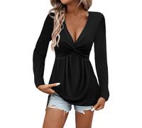 Eauptffy Women's Long-Sleeved Shirt with Twist Knot Front, Top with Deep V-Neck and Peplum, Elegant Long-Sleeved Blouse, Comfortable Long Shirt, Spring Autumn Tops for Everyday Outdoor Use