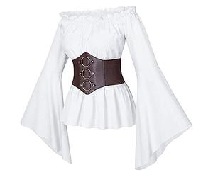 Eauptffy Women's Medieval Blouse, Ruffle Blouse, Sexy Off Shoulder Pirate Blouse with Ruffles, Slim 3/4 Sleeve, Traditional Blouse, Renaissance Trumpet Sleeves, Pirate Top, Off Shoulder Festive