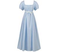 Eauptffy Women's Puffy Short Sleeve Square Neck Victorian Dress Medieval Plain Long Regency Dress Victorian High Waist Retro Regency Dress, Light blue, XL