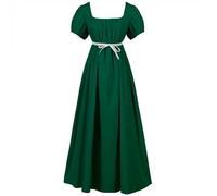 Eauptffy Women's Puffy Short Sleeve Square Neck Victorian Dress Medieval Plain Long Regency Dress Victorian High Waist Retro Regency Dress, O Green, L