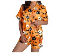 Eauptffy Women's Pyjamas, 2-Piece Short Sleepwear with Buttons, Turn-Down Collar, Nightwear, Comfortable, Casual, Short Sleeve Shirt and Sleep Shorts, Printed Halloween