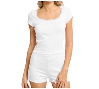 Eauptffy Women's Satin Muslin Pyjamas, Pyjamas Set, Two-Piece Shorty Sleepwear, Crew Neck Nightwear, Lounge Cosy Short Sleeve T-Shirt and Shorts, Night Dress, Solid Halloween