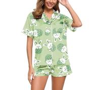 Eauptffy Women's Satin Pyjamas, Short Pyjama Set, Two-Piece Sleepwear with Buttons, Turnup Homewear, Lightweight, Casual, Short Sleeve Top and Sleep Shorts, Print Halloween