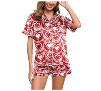 Eauptffy Women's Short Pyjamas, Pyjamas Two-Piece Shorty Sleepwear Set with Buttons, Turnup Nightwear, Casual Comfort Short Sleeve Top and Shorts, Bathrobe Print 2024