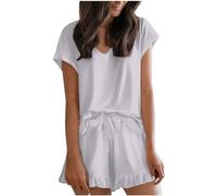 Eauptffy Women's Short Pyjamas, Short Pyjamas, Two-Piece Sleepwear, V-Neck Nightwear, Lightweight Casual Short Sleeve Shirt and Shorts, Dressing Gown, Plain Summer