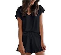 Eauptffy Women's Short Pyjamas, Short Pyjamas, Two-Piece Sleepwear, V-Neck Nightwear, Lightweight Casual Short Sleeve Shirt and Shorts, Dressing Gown, Plain Summer