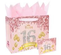Eaureum Sweet 16 Birthday Gift Bag for Girls, 13" Rose Pink 16th Birthday Gift Bag Party Decorations for 16 years old Girls Daughter Granddaughter Friends