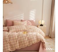 EAVD Pink Yellow Grid Plaid Duvet Cover Full Soft Washed Cotton Gingham Duvet Cover Set 3 Pieces Modern Grid Checkered Pattern Bedding Set with 2 Pillowcases Zipper Closure for All-Season