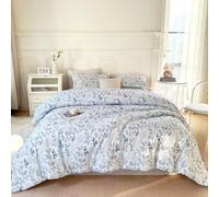 EAVD Queen Comforter Set White and Blue Floral Bedding Set for Girls Soft Microfiber Vintage Garden Floral Comforter Set with 2 Pillowcases Botanical Bedding Set for All-Season