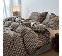 EAVD Vintage Gingham Plaid Duvet Cover Queen 100% Washed Cotton Dark Grey