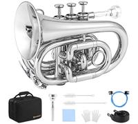 Eavnbaek B Flat Brass Bb Pocket Trumpet with 7C Mouthpiece, Cleaning Kit, Carrying Case and Gloves for Students Beginners (Nickel)