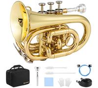Eavnbaek B Flat Brass Bb Pocket Trumpet with 7C Mouthpiece, Cleaning Kit, Carrying Case and Gloves for Students Beginners (Gold)