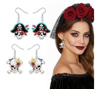 EAVUYIS 2 Pairs Acrylic Halloween Sweet Pirate Skull Earrings Drop Dangle Fashion Charms Jewellery For Women Girls Gift
