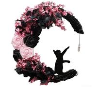 Eawfgtuw Front Door With - Halloween Wreaths For Front Door Halloween Moon Wreath, Home Decor With Black Cat And for PINK Flower Black Rose