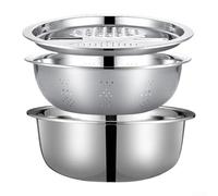 Eawfgtuw Stainless Steel Kitchen Mixing Bowl Set 3 Pieces With Colander Strainer Drain Basket Multifunctional Food Prep Basin Vegetable Slicer Grater For Home Cooking 24CM