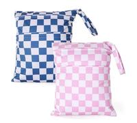 eaxin Wet Dry Bags 2-Pack Waterproof Reusable Travel Organizer for Swimsuits, Cloth Diapers, Beach, Pool, Gym with Dual Zipper Pockets and Snap Handle, Machine Washable (Pink, Blue Checkers)