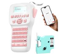 EazeID Pink Label Maker Machine Rechargeable, Handheld Label Printer with Keyboard, Bluetooth Labeling Machine LM1600, Backlit Display, Multiple Symb