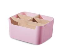 EAZHOP 5 Compartment Desk Organiser Wooden Desktop Storage Box with Removable Dividers, Multifunctional Square Office Organizer for Remote Controls, Pens, Makeup, Stationery (Pink)