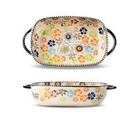 EAZHOP Ceramic Baking Dish, Rectangular Ceramic Oven Dishes with Handle 600ml 23.8 x 13.2 x 5.2 cm, Hand-Painted Colorful Floral Embossed Design for Lasagna, Roasts, Serving, 1Pack