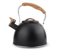 EAZHOP Whistling Kettle 3.1 Quart Stainless Steel Stovetop Tea Pot with Foldable Wooden Handle for Induction Gas Electric Ceramic Hobs Vintage Style Water Kettle for Kitchen Home Use (Black)