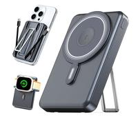 Eazpower 10,000mAh Magsafe Power Bank offers fast wireless charging for iPhone 15/14/13/12 series with a PD 20W output with built-in cables, a USB-C port, and an LED display.