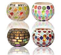EazyBreezy 4 Pcs Glass Candle Holders Vintage Round Mosaic Tea Light Holder Romantic Votive Candle Holder Handmade for Table Centerpiece Home Decor - 4 Patterns, 8.5cm Wide