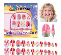EBANKU 1 Pack Kid Fake Nail Kit, 24 Pieces Strawberries Press on Nails for Kids Almond Press on Nail Short Artificial False Nail Kits for Kids Girls