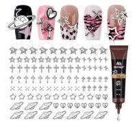 EBANKU 100PCS Nail Charms, Y2K Silver Charms Star Heart Planet Cross Nail Gems Set with 15g Nail Rhinestones Glue, Nail Jewelry Nail Studs Nail Design Crystals for Women Nail Decorations (10 Styles)