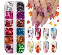 EBANKU 12 Colors Maple Leaf Nail Art Glitter Sequins, 3D Flakes Laser Fall Maple Leaf Nail Glitter Holographic Autumn Leaf Shape Nail Sequins for Nails Supply Glitter Decorations