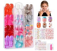 EBANKU 12 Style Press On Nails for Kids, Girls Nail Art Kit with 6 Sheets Heart, Fruit, Flower Nail Stickers, 3D Rhinestones, Mermaid Face Gems & Colorful Designs