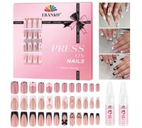 EBANKU 120 Pieces Press on Nails Medium, Bow False Nails French Tips Fake Nails Full Cover Stick on Nails, Love Heart Press on Nail with Nail Glue for Women Nail Art Salon, 12 Sizes