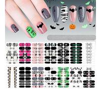 EBANKU 14 Sheets Halloween Full Wrap Adhesive Nail Polish Stickers Glow in The Dark, Cute Ghost Bats Spider Webs Skeleton Nail Strips Wraps with Nail File for Party Decor