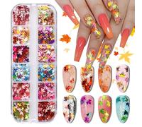 EBANKU 3D Fall Maple Leaf Holographic Nail Art Glitter Sequins, 12 Colors Laser Maple Leaf Nail Glitter Flakes Sparkly Autumn Leaf Shape Sequins Decorate Women's Nail Stickers Supplies Resin Mold DIY