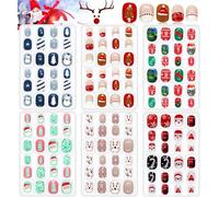 EBANKU 6 Packs Christmas Kids False Nails Press on Nail, Children Full Cover Short False Fingernails 3D Santa Claus Snowman Christmas Tree for Girls Kids (A)