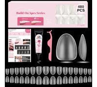 EBANKU Build on Apex Natural Nail Tips, 16 Sizes 480 PCS Extra Short Almond Clear Acrylic Full Cover Press on Nails with Builder Glue, Pre-applied Tip Primer & Base Coat